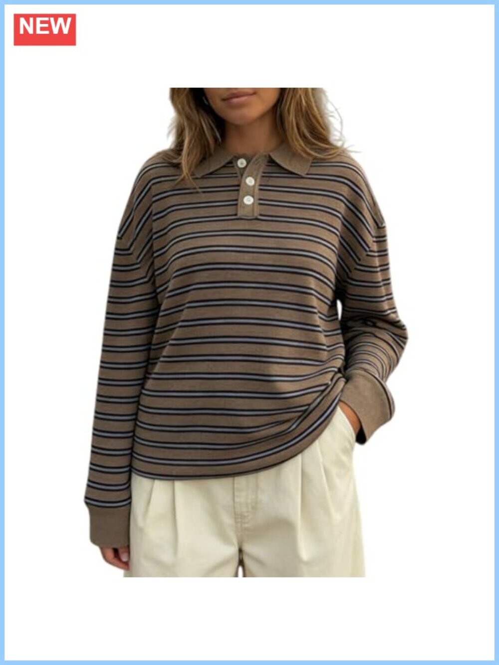 Oversized Striped Polo Sweater for Women Long Sleeve